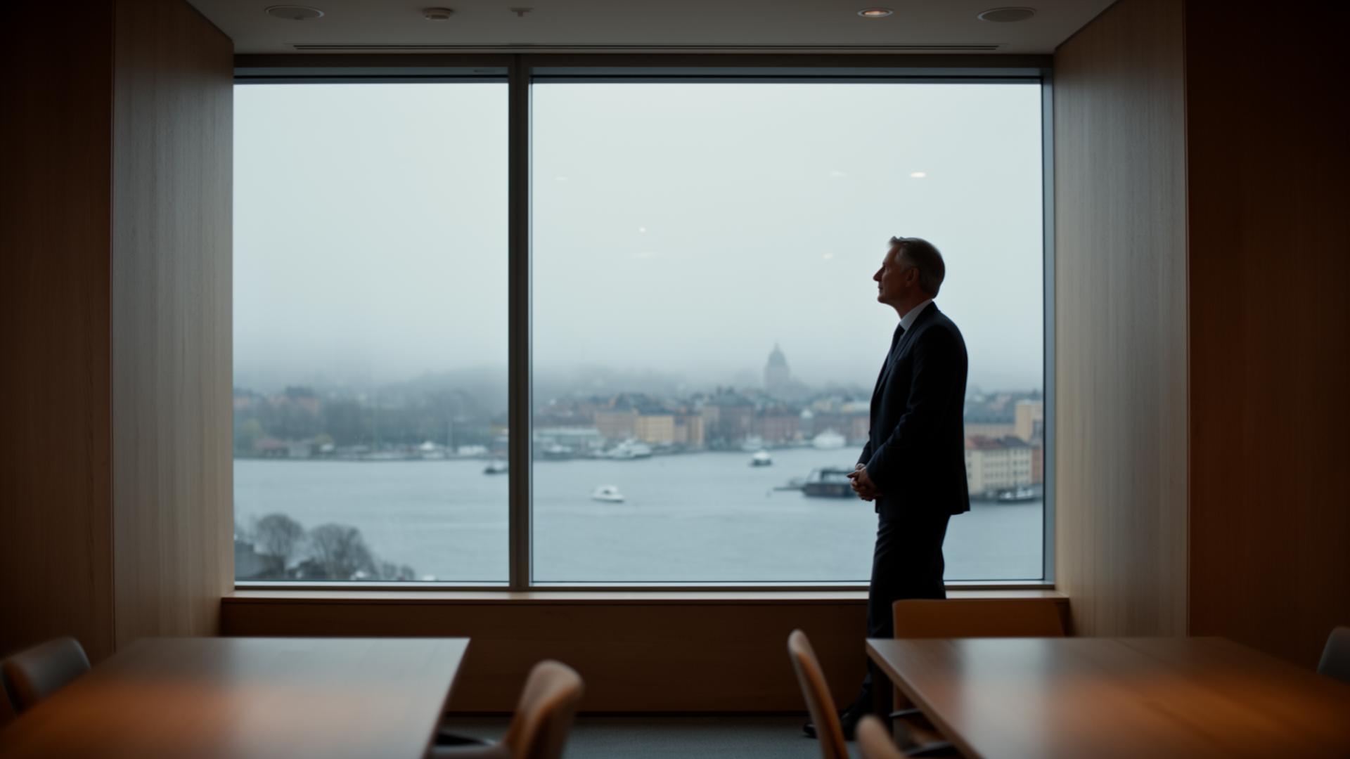 Lugn skandinavisk kontorsmiljö med dämpat ljus