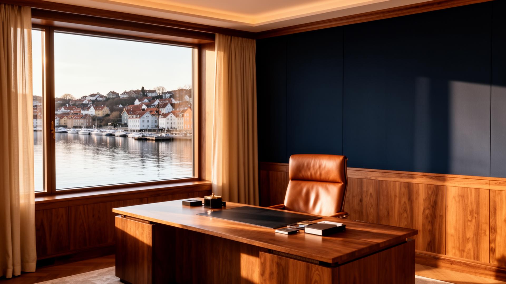 Lugn skandinavisk kontorsmiljö med utsikt mot hamn